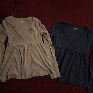 Hollister Long Sleeve Ribbed Peplum Tops - Sage & Navy